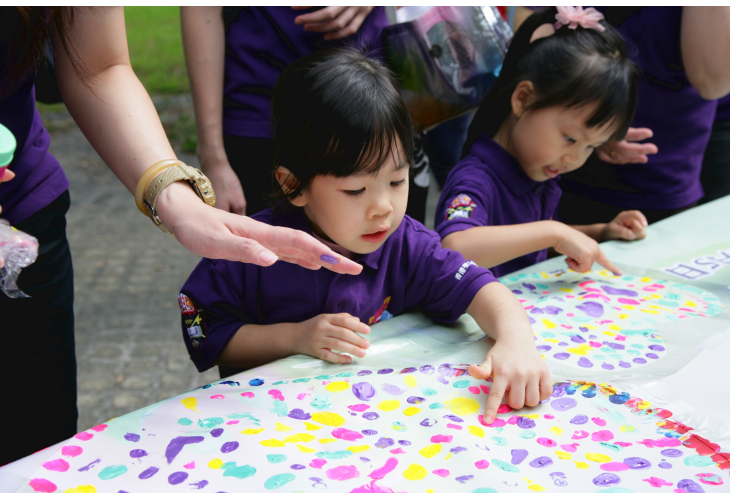 小孩子用心製作色彩繽紛的手指畫